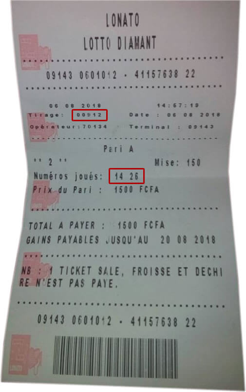 Coupon gagnant du loto Diamant Tirage 912 après les résultats.