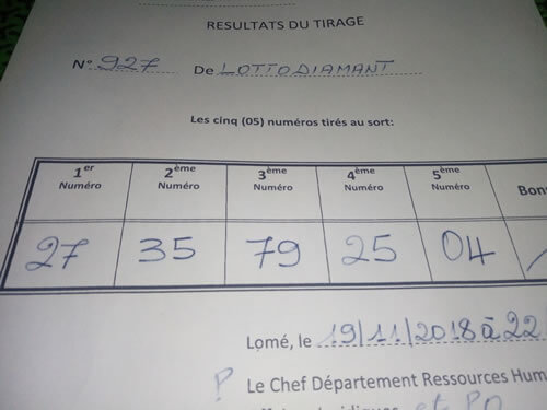 Résultats lotto Diamant tirage 927
