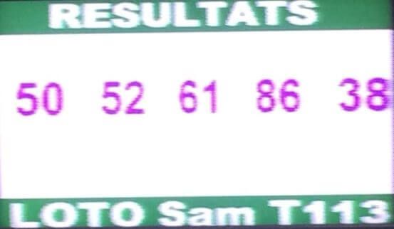 Résultats ou numéros gagnants du lotto Sam tirage 113