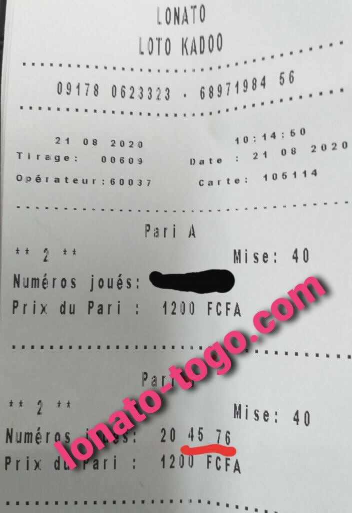 Coupon du jeu loto Kadoo tirage 609