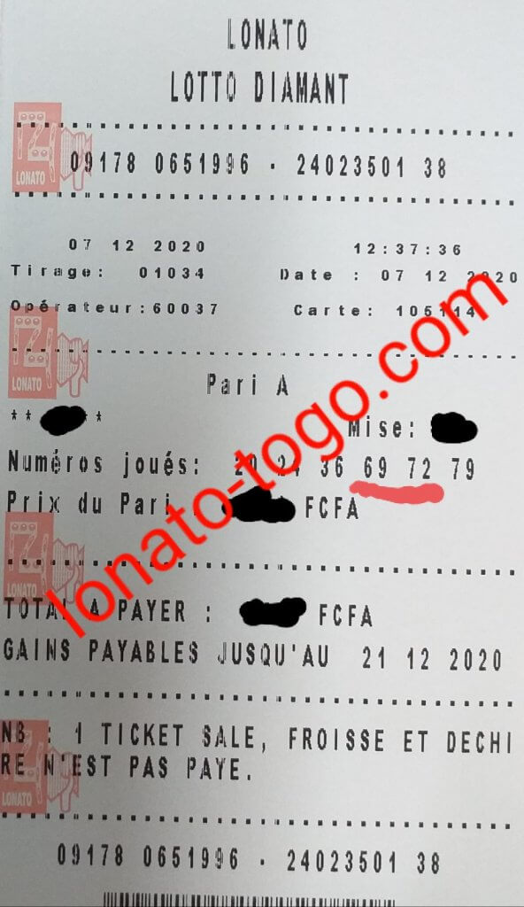 Coupon gagnant lotto Diamant tirage 1034