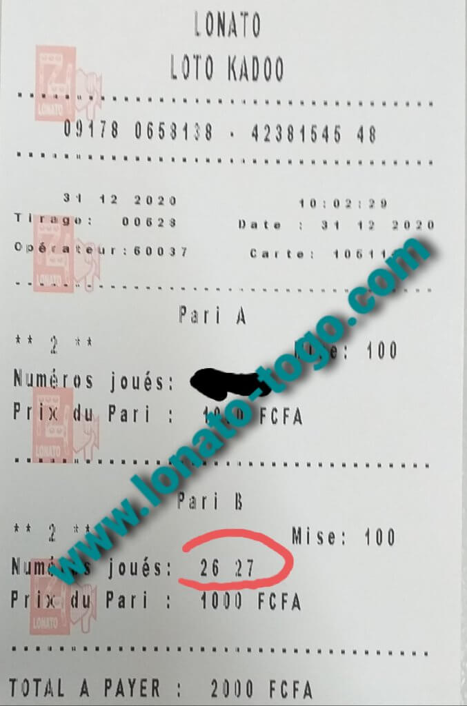 Coupon perdant pour le loto Kadoo tirage 628