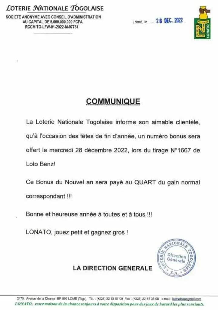 Communiqué de la LONATO à propos du Loto BENZ
