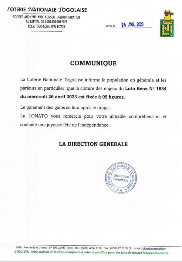Communiqué de la LONATO en rapport avec Loto Benz tirage 1684