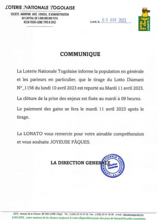 Communiqué de la LONATO sur le report du jeu loto Diamant tirage 1156