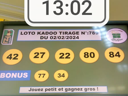 Résultats du loto Kadoo tirage 789